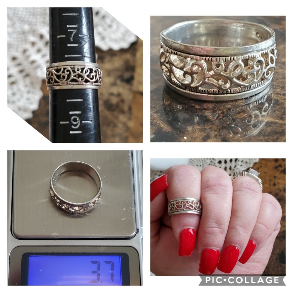 Sterling Silver Scroll Design Wide Band Ring 7.5 - Picture 6 of 6